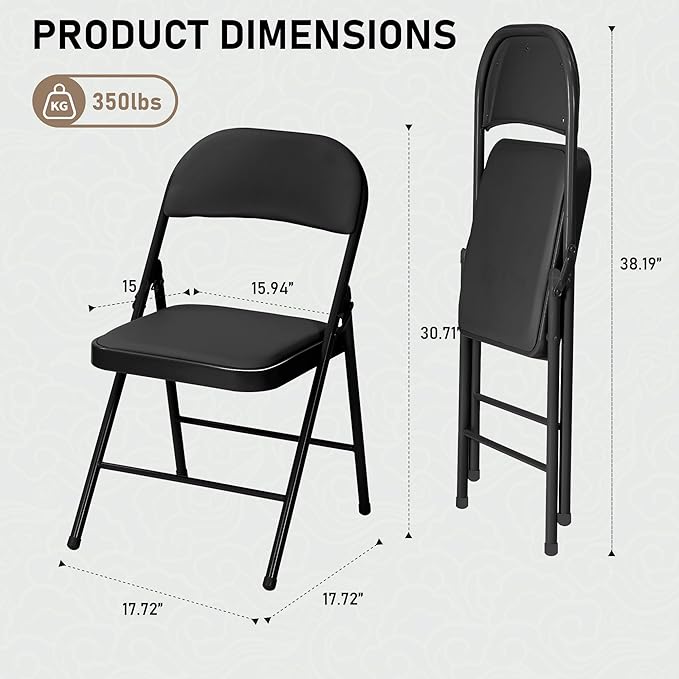 SEALAMB 10 Pack Black Folding Chairs with Padded Seats & Cushion, Durable Metal Foldable Chairs for Wedding Party, Commercial Chairs for Office School Church Events, 330lb Capacity (Black-PU, 10 Pack)
