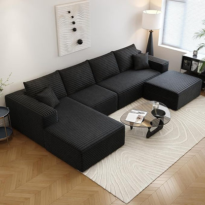 135.4" Cloud Sectional Couch with 1 Ottoman,Modern Modular Sofa with Deep Seat, Comfort U Shaped Sofa Couches for Living Room Bedroom Apartments,No Assembly Required, (Black,Left Facing Chaise)