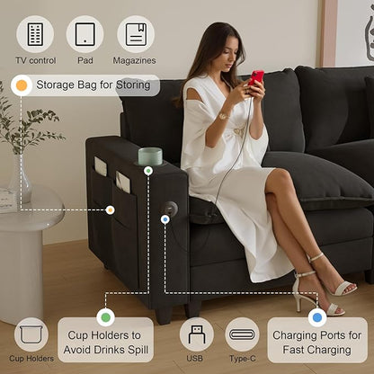 Cloud Couch, Modular Sectional Sofa with Ottoman, Charging Station, Throw Pillows, Cup Holders, Modern Convertible L Shaped Couches for Living Room, Bedroom (Classic Black, 80.7"- L Shape)