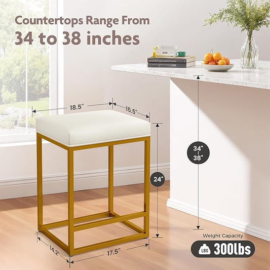 ALPHA HOME 24 Inch Counter Height Bar Stools Set of 4, Upholstered Bar Stools for Kitchen Island, Counter Stools with Faux Leather Cushion and Sturdy Metal Frame, Modern Barstools, White and Gold