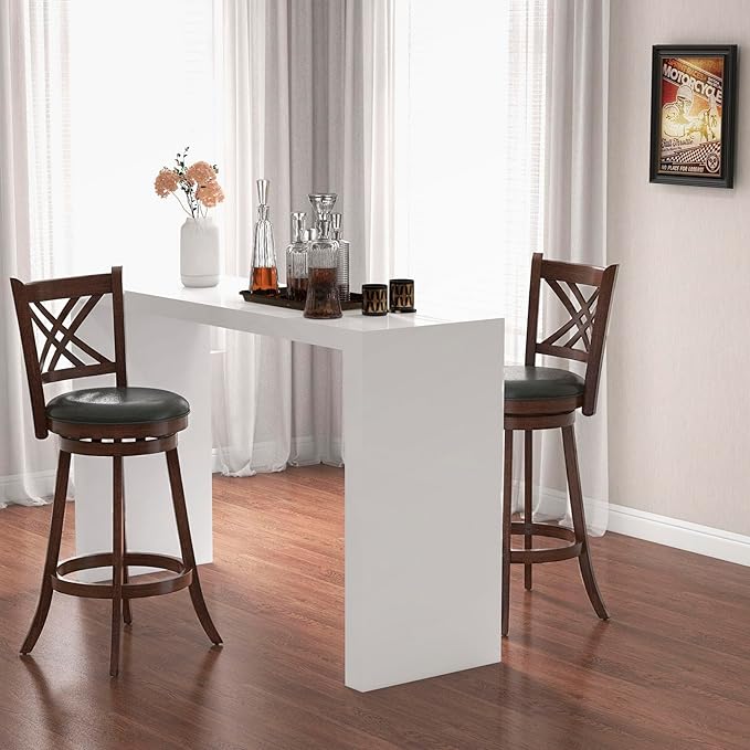 COSTWAY Bar Stool Set of 2 for Kitchen Island, Swivel Upholstered Bar Height Barstools with PU Surface, Rubber Wood Frame, 360° Rotatable Seat, Curved Back, Sturdy Footrest (2, 29" Seat Height)