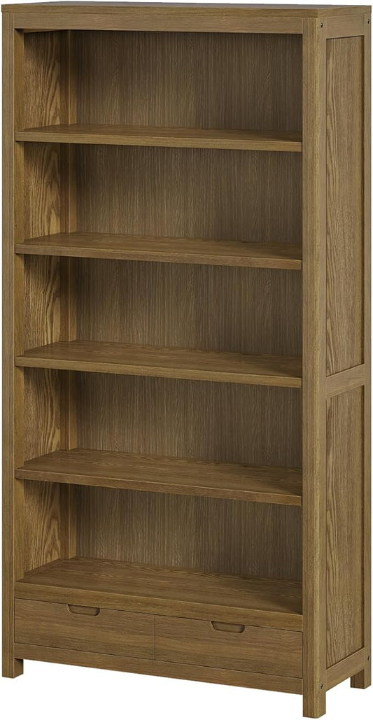 TVU 5-Tier Solid Wood Bookshelf with 2 Drawers, 72-inch Tall Standing Bookcase, 17.7" Wide Open Display Shelf for Living Room, Study, Office Storage, Deep Wood Color (72" H × 32.3" W × 11.8" D)