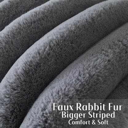 FUTEI Grey Decorative Throw Pillow Covers 24x24 Inch Set of 2, Square Soft Faux Rabbit Fur Thick Striped European Cushion Covers,Winter Home Decor for Couch Bed Living Room