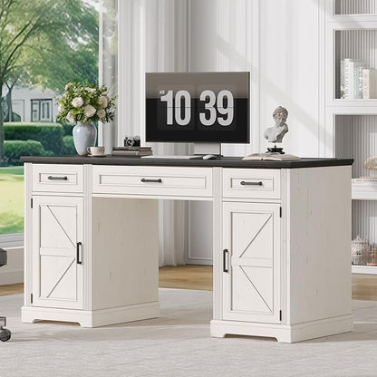 ONBRILL 59 inch Farmhouse Executive Desk with Drawers, Home Office Desk with File Cabinet, Outlets, Storage Cabinet, Keyboard Tray, Wood Computer Desk for Work Study Writing (Off White & Black)