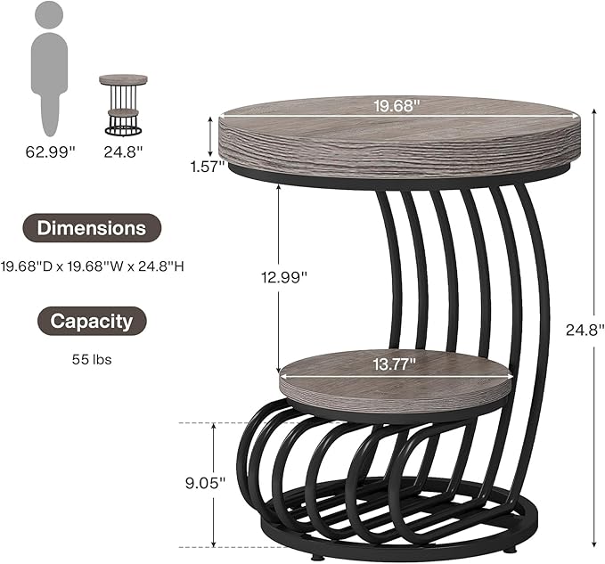 Tribesigns Round End Table, 2-Tier Farmhose Wood Side Table with Shelf Storage, Small Sofa Side Bedside Nightstand, Arc-Shaped Frame Accent Furniture for Living Room, Grey