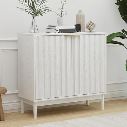 Fluted Cabinet with Storage, Buffet Cabinet Sideborad with Door, Kitchen Buffet Storage Accent Cabinets with Adjustable Shelves for Living Room, Entry, Hallway, White