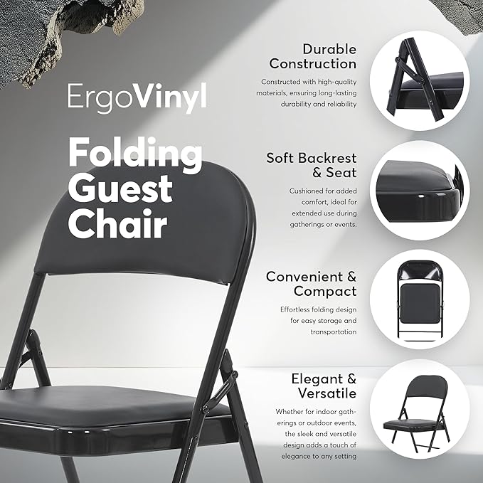Oline Vinyl Folding Chairs, Padded Vinyl Cushion Chairs with Durable Metal Frame, Indoor Outdoor Stackable Foldable Guest Chairs for Office Wedding Kitchen Dining, 300lb Capacity (Black, 6 Pack)