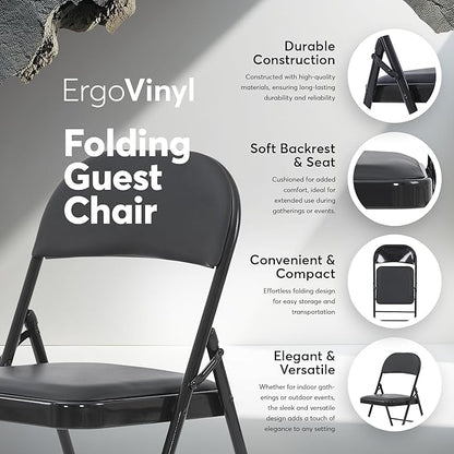 Oline Vinyl Folding Chairs, Padded Vinyl Cushion Chairs with Durable Metal Frame, Indoor Outdoor Stackable Foldable Guest Chairs for Office Wedding Kitchen Dining, 300lb Capacity (Black, 1 Pack)