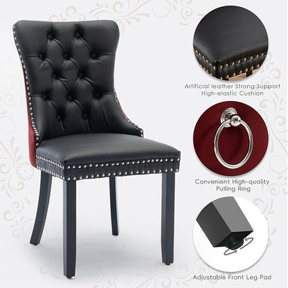 Leather Upholstered Dining Chairs Set of 2, Modern Style Kitchen Side Chairs with Nailhead Trim and Wood Leg, Metal Pulling Ring for Dining Room Living Room(Black&Wine Red)