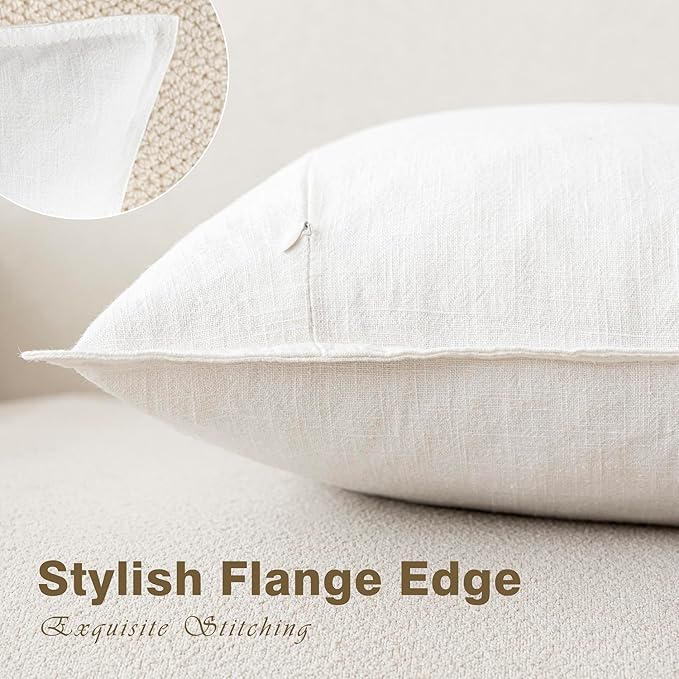 Foindtower Pack of 2, Decorative Linen Soild Throw Pillow Covers Soft Accent Cushion Case Boho Farmhouse Neutral Pillowcase for Chair Couch Sofa Bedroom Living Room Home Decor 26 x 26 Inch Cream White