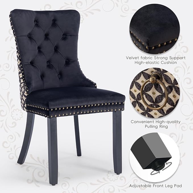 Velvet Upholstered Dining Chairs Set of 2, Modern Style Kitchen Side Chairs with Nailhead Trim and Wood Legs,Metal Pulling Ring for Dining Room Living Room(Quadrangular Star&Black)