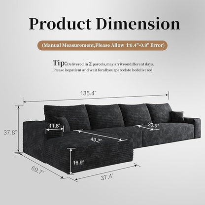 135.4'' Oversized Cloud Sofa Sectional Couch, Boneless Couch with L-Shape Chaise, Upholstered Compression Modular Sectional Sofa for Living Room, No Assembly Required (Black, Left Facing Chaise)