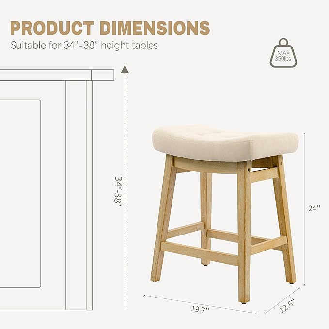 Bar Stools Set of 2 for Kitchen Counter Island Counter Height Farmhouse Modern Barstools with Upholstered Fabric Backless Seat and Solid Wood Legs 24 inch Bar Chairs, Khaki + Wood Color