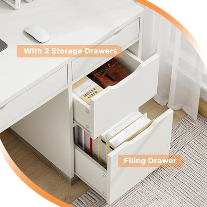 White Desk with Drawers, 48 Inch Small Computer Desk with 4 Storage Drawers for Small Space, Home Office Desk for Bedroom with Storage File Cabinet