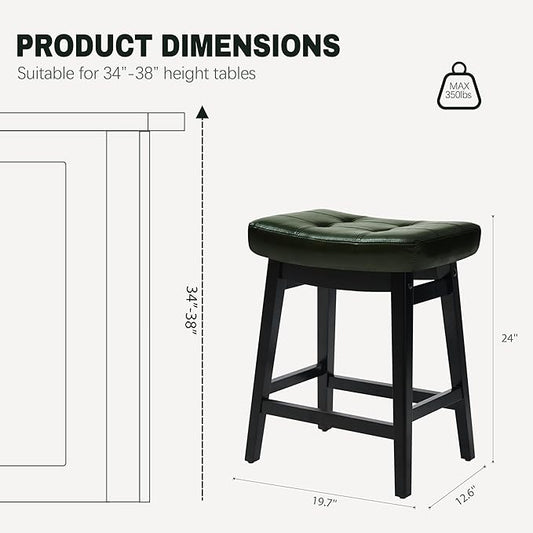 Counter Height Bar Stools Set of 6 for Kitchen Counter Farmhouse Modern Barstools with Faux Leather Upholstered Backless Seat and Solid Wood Legs 24 inch Bar Chairs, Green + Black