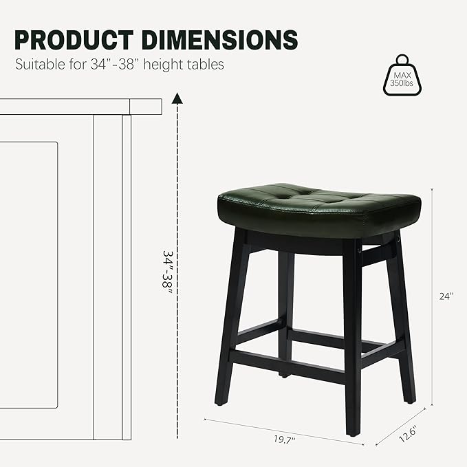 Counter Height Bar Stools Set of 2 for Kitchen Counter Farmhouse Modern Barstools with Faux Leather Upholstered Backless Seat and Solid Wood Legs 24 inch Bar Chairs, Green + Black