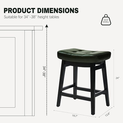 Counter Height Bar Stools Set of 2 for Kitchen Counter Farmhouse Modern Barstools with Faux Leather Upholstered Backless Seat and Solid Wood Legs 24 inch Bar Chairs, Green + Black