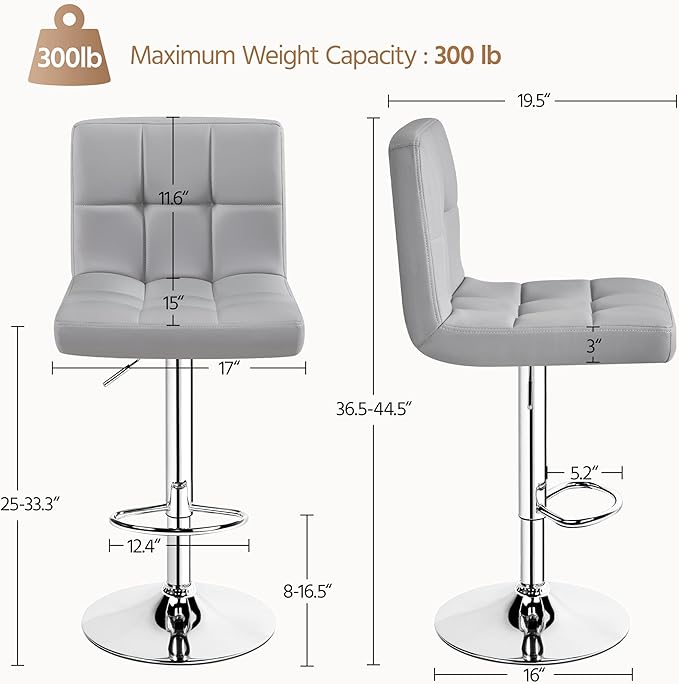 Yaheetech Bar Stools Set of 4, PU Leather Adjustable Barstools, Modern Counter Stools with Back and Footrest, Counter Height Barstools for Bar, Kitchen, Dining Room, Light Gray