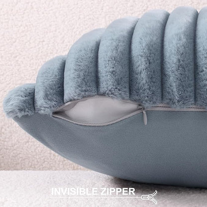 Pallene Faux Fur Plush Throw Pillow Covers 18x18 Set of 2, Luxury Soft Fluffy Striped Decorative Pillow Covers for Sofa, Couch, Living Room, Blue Grey