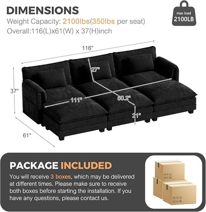ELUCHANG 116" Luxury Modular Sectional Sofa, Comfy Deep Seat Cloud Couch, Sleeper Sofa Bed, 6 Seat Modern Couch with Removable Cover for Living Room, Apartment, DIY Combination, Chenille Black