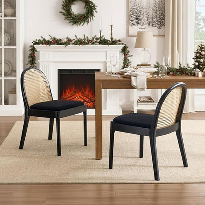 Upholstered Wooden Dining Chairs Set of 4, Farmhouse Kitchen & Dining Room Chairs with Cane Back, Accent Rattan Dining Table Chairs Sherpa Seat for Kitchen/Restaurant/Living Room, Black