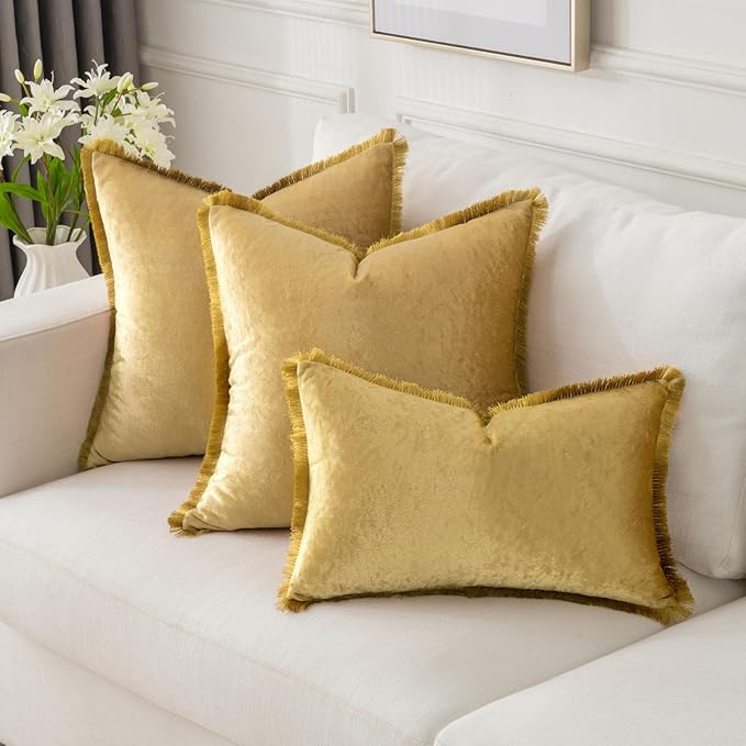 FUTEI Christmas Gold Velvet Decorative Throw Pillow Covers 12x20 Set of 2,Soft Cozy Edge with Tassels Lumbar Pillow Cases,Boho Modern Home Decor for Couch Bed Living Room