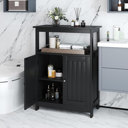 COSTWAY Bathroom Floor Storage Cabinet, Modern Wooden Freestanding Storage Organizer with 2 Doors, 3-Level Adjustable Shelf, for Entryway, Living Room, Kitchen (Black)