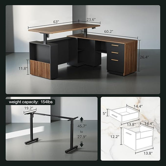 63" Standing Desk with File Cabinet, Privacy Panel, AC/USB, 1.18" Desktop, Executive L Shaped Height Adjustable Electric Stand Up Desk, Home Office Table with 3 Drawers, Black Walnut