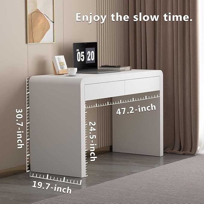 Executive Desk with Drawers, White Computer Desk with Drawers with Three-Layer Lacquered Thick Wooden Board, 47 inch Modern Home Office Desk for Study, Living Room, Bedroom