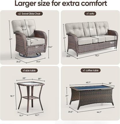 5-Piece Rotating Balcony Chair Set with 31-inch T-Shaped Wide backrest - Rattan Outdoor Rotating Balcony Chairs, Wide backrest Comfortable Outdoor Sliding Chair - Brown | Beige