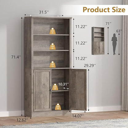 72'' Tall Bookcase with Doors, Adjustable Shelves, P2 MDF Construction, 32'' Wide Freestanding Cabinet with Metal Handles, Hidden Storage for Living Room, Bedroom, Grey