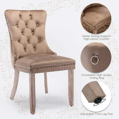 Velvet Upholstered Dining Chairs Set of 4, Modern Style Kitchen Side Chairs with Nailhead Trim and Wood Legs,Metal Pulling Ring for Dining Room Living Room