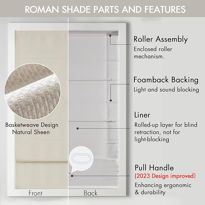 Madison Park Galen Cordless Roman Shade, 31"W x 64"H, Sheen Ivory – Room Darkening, Thermal Insulated, Energy Efficient Window Blind with Subtle Sheen Basketweave Fabric for Privacy