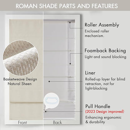Madison Park Galen Cordless Roman Shade, 29"W x 64"H, Sheen Ivory – Room Darkening, Thermal Insulated, Energy Efficient Window Blind with Subtle Sheen Basketweave Fabric for Privacy