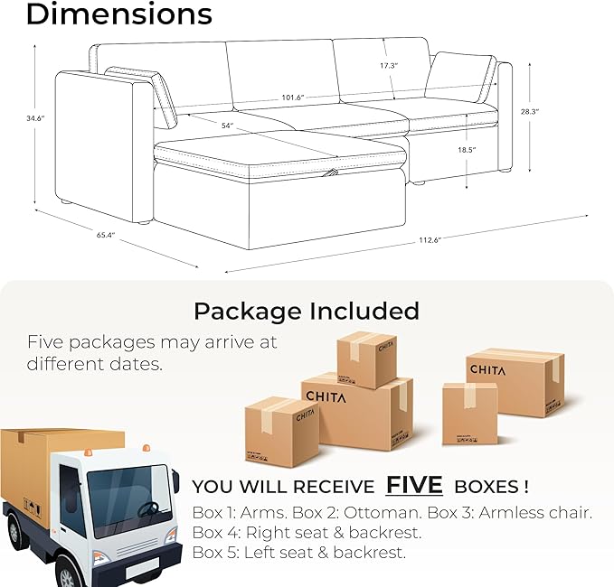 CHITA Oversized Modular Sectional Sofa, FSC Certified Large L Shaped Couch, Modular Sectional Couch for Living Room,112 inch Width,4 Seat Modular Sofa with Storage Ottoman, Blue