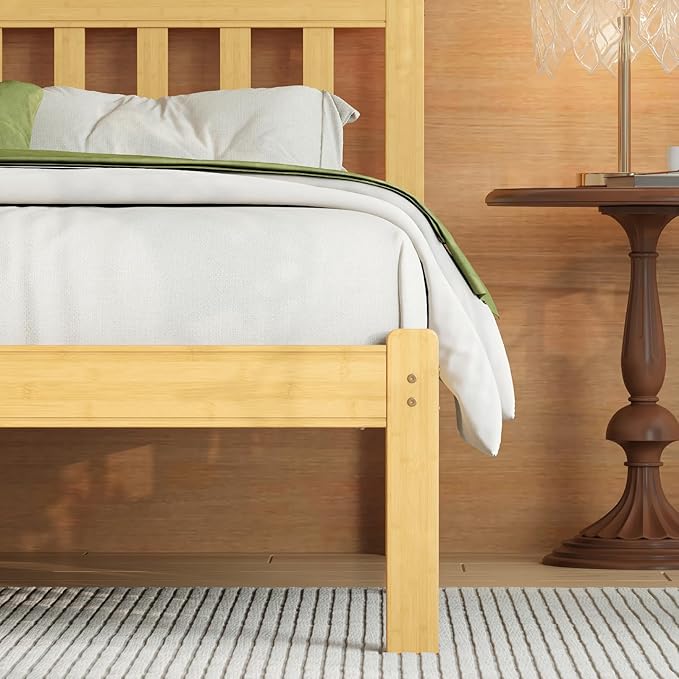 Askeld Wood Twin XL Bed Frame with Headboard, 14 Inch High Solid Bamboo Platform Bed No Box Spring Needed, Mid-Century Heavy Duty Bedframe, Easy Assembly, Noise Free