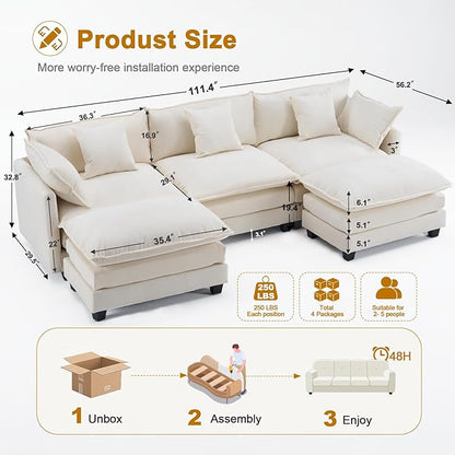 111.4" U Shaped Cloud Couch Sectional with 2 Ottoman｜Modular Chenille Sofa with 29.1" Deep Seat｜FSC Solid Wood Frame｜Easy Assembly & 1YR Guarantee｜for Living Room Bedroom Apartment