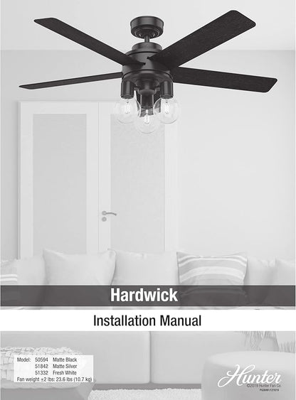 Hunter Fan Company, 51842, 52 inch Hardwick Matte Silver Ceiling Fan with LED Light Kit and Handheld Remote