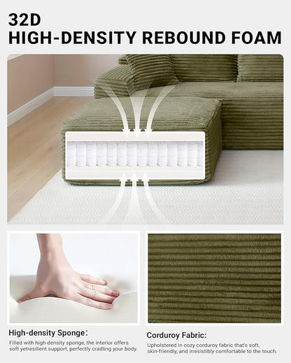 95 Inch Cloud Sectional Couch,Modular Sectional Sofa with Deep Seat,Modern Corduroy Boneless Couches with L-Shape Chaise for Living Room Bedroom,No Assembly Required (Green, Left Facing Chaise)