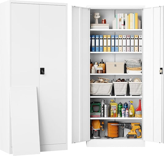 SISESOL White Metal Storage Cabinet with 5 Adjustable Shelves,71" Tall Metal Cabinet with Locking Doors,Steel Cabinet with Lock,Lockable Storage Cabinets for Home,Office,Kitchen,Laundry,Pantry