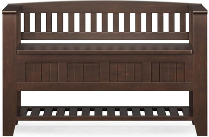 SIMPLIHOME Acadian Entryway Storage Bench - 48 inch Wide Solid Wood Hallway Seat with Shelf in Brunette Brown, Transitional Bench for Entryway or Living Room with Open Storage and Slatted Bottom
