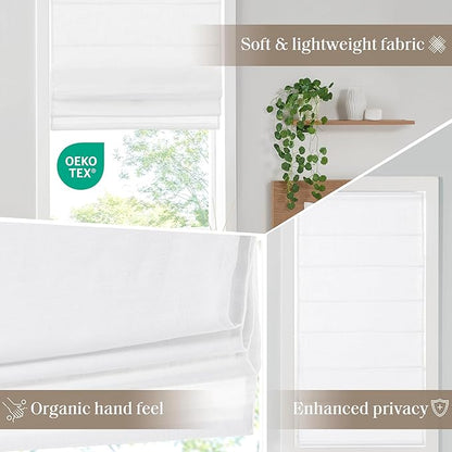Madison Park Kyler Cordless Roman Shades - Single Panel, Lightweight Linen Blend Fabric, Natural Design, Easy Installation, Light Filtering Window Blind, Bedroom, Living Room Decor 29"W x 64"H White