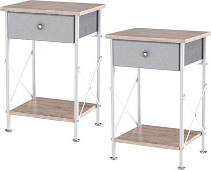 VECELO End Tables, Modern Nightstand with Fabric Drawer & Open Shelf, Night Stand for Bedroom Living Room, Industrial Metal Frame, Easy Assembly, Light Brown,2 Pack