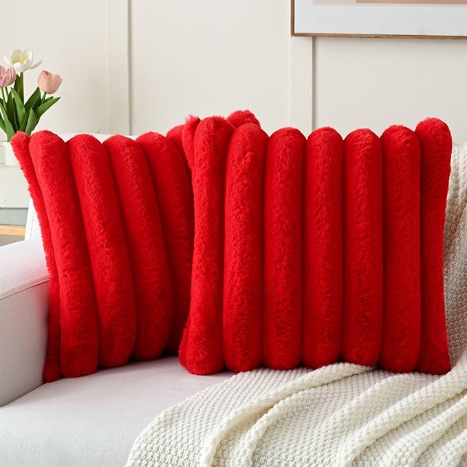 FUTEI Christmas Red Decorative Throw Pillow Covers 20x20 Inch Set of 2, Square Soft Faux Rabbit Fur Thick Striped Cushion Cover,Winter Home Decor for Couch Bed Living Room