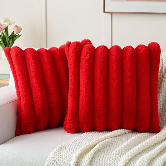 FUTEI Christmas Red Decorative Throw Pillow Covers 20x20 Inch Set of 2, Square Soft Faux Rabbit Fur Thick Striped Cushion Cover,Winter Home Decor for Couch Bed Living Room