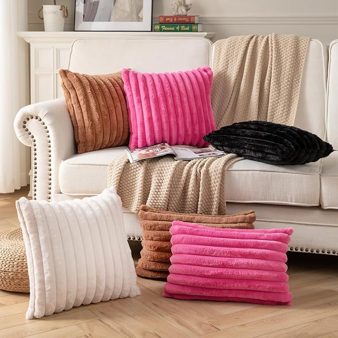 DEELAND Pack of 2,Double-Sided Faux Fur Plush Decorative Throw Pillow Covers Fuzzy Striped Soft Pillowcase Cushion Covers for Sofa Couch Bedroom Brown 18x18 inch
