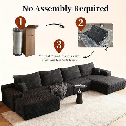 135.4" Oversized Cloud Modular Sectional Sofa, U-Shaped Couches with Ottoman for Living Room, Deep Seat Boneless Couch, 1600lb Weight Capacity, No Assembly Required (Black, Right Facing Chaise)