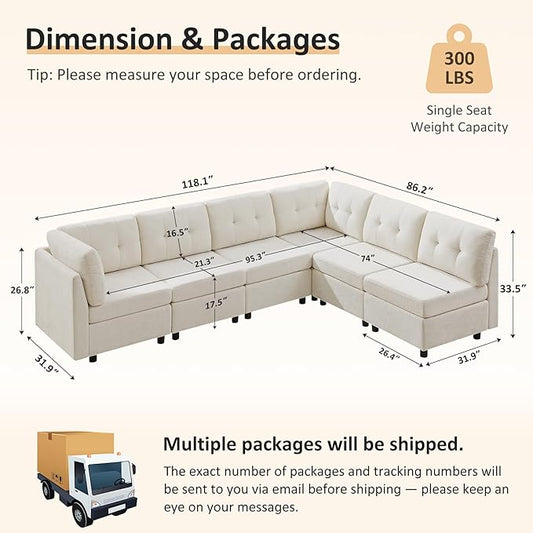 VANOMi 6 Seat Sectional Couches for Living Room, 118" Convertible Modular Cloud Sofa, Comfy Chenille Sofas & Couches for Living Room, Apartment, Office, Beige, L/U Shaped