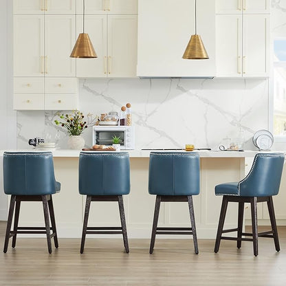 CHITA Counter Height Swivel Bar Stools Set of 4, FSC Certified Upholstered Counter Stools, Modern Swivel Barstools with Wood Legs for Kitchen Island, 26" Seat Height, Faux Leather in Blue