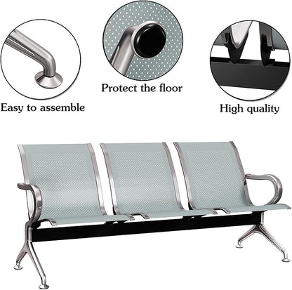Kinsuite 3-Seat Reception Chairs - Waiting Room Chairs with Arms & Stainless Steel Frame, Waiting Room Bench Lobby Chairs for Office Airport Bank Hospital, Silver